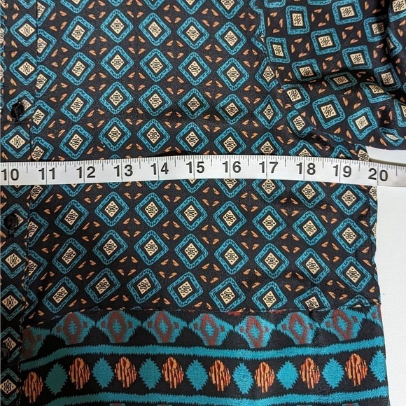 Tolani Silk Tunic Button Up Small Black Aqua Aztec Boho Blouse Prairie Roll Tab - Picture 4 of 8